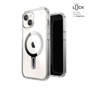 Speck Presidio Perfect-Clear ClickLock & MagSafe - Case iPhone 16e / iPhone 15 / iPhone 14 / iPhone 13 (Clair / Finition Chrome / Argent Serein)