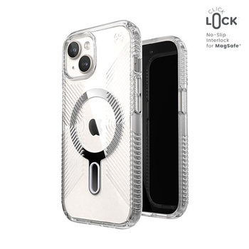 Speck Presidio Perfect-Clear Grip ClickLock & MagSafe - pouzdro pro iPhone 16e / iPhone 15 / iPhone 14 / iPhone 13 (čiré / chromované provedení / stříbrná barva)