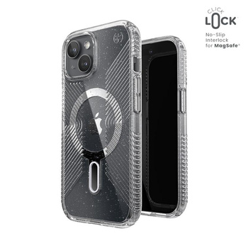 Speck Presidio Lux Grip ClickLock & MagSafe - tok iPhone 16e / iPhone 15 / iPhone 14 / iPhone 13 (átlátszó / Platinium Glitter / krómozott kivitel / Serene Silver)